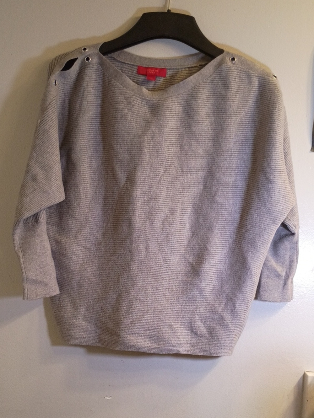 Jennifer Lopez Light Grey Ribbed Crewneck Sweater with Shoulder Grommets